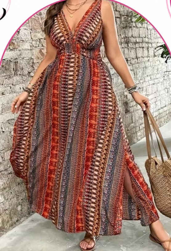 Editorial photo of a plus-size model wearing a printed maxi dress from Curvy & Confident