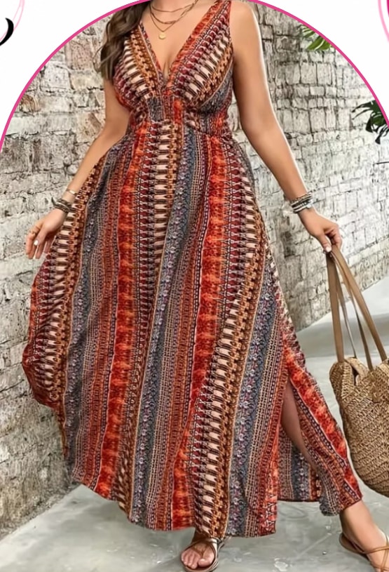 Editorial photo of a plus-size model wearing a printed maxi dress from Curvy & Confident